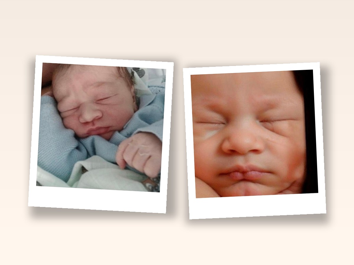 Duas polaroides de um recém-nascido a dormir, sobre fundo creme